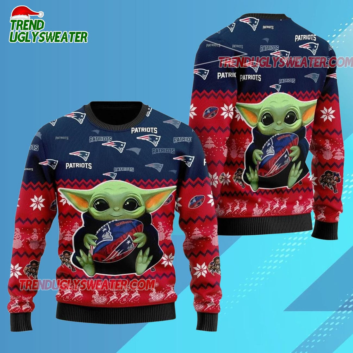 New England Patriots Baby Yoda Hug The Ball Christmas Ugly Sweater