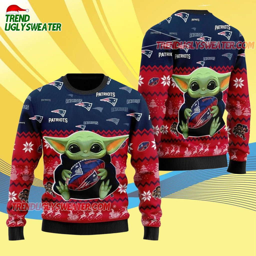 New England Patriots Baby Yoda Hug The Ball Christmas Ugly Sweater