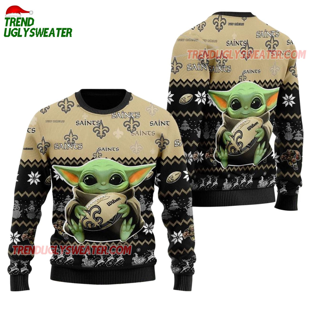 New Orleans Saints Baby Yoda Hug The Ball Christmas Ugly Sweater