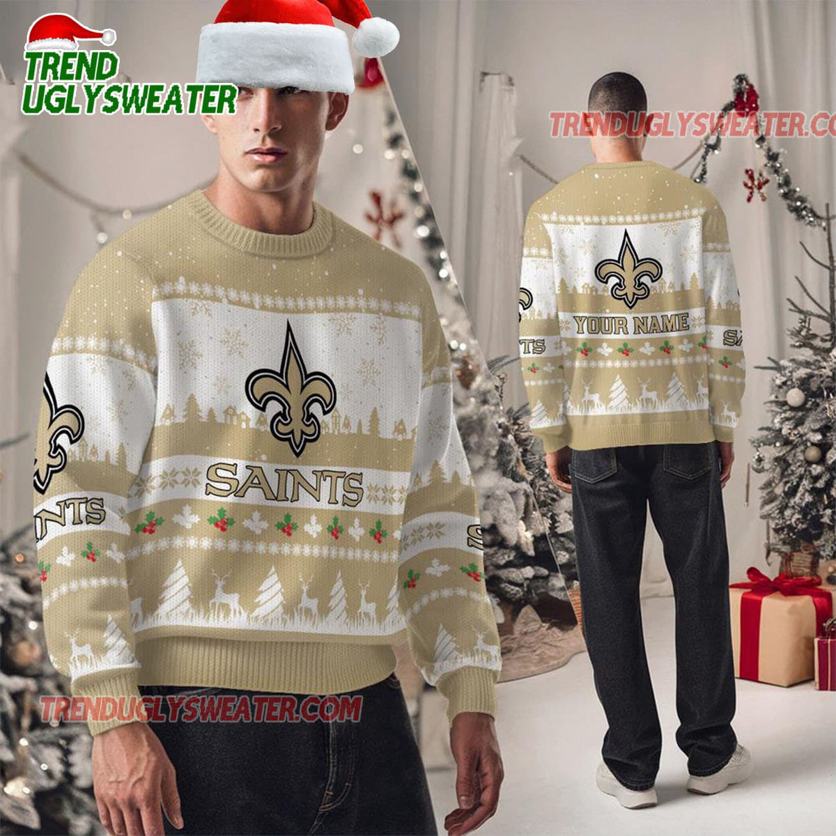 Personalized New Orleans Saints Nfl Snow Ugly Christmas Sweater