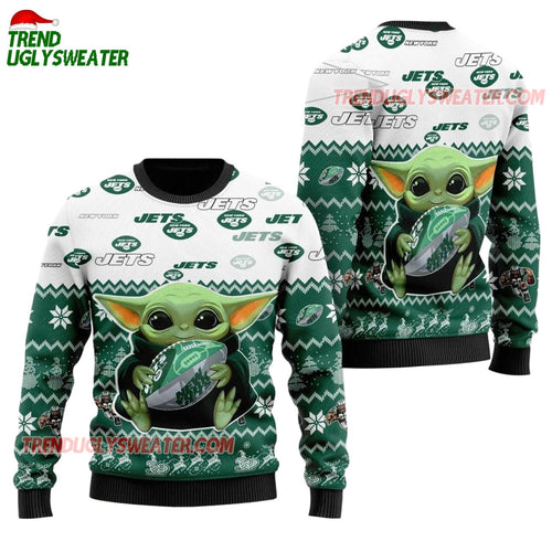 New York Jets Baby Yoda Hug The Ball Christmas Ugly Sweater