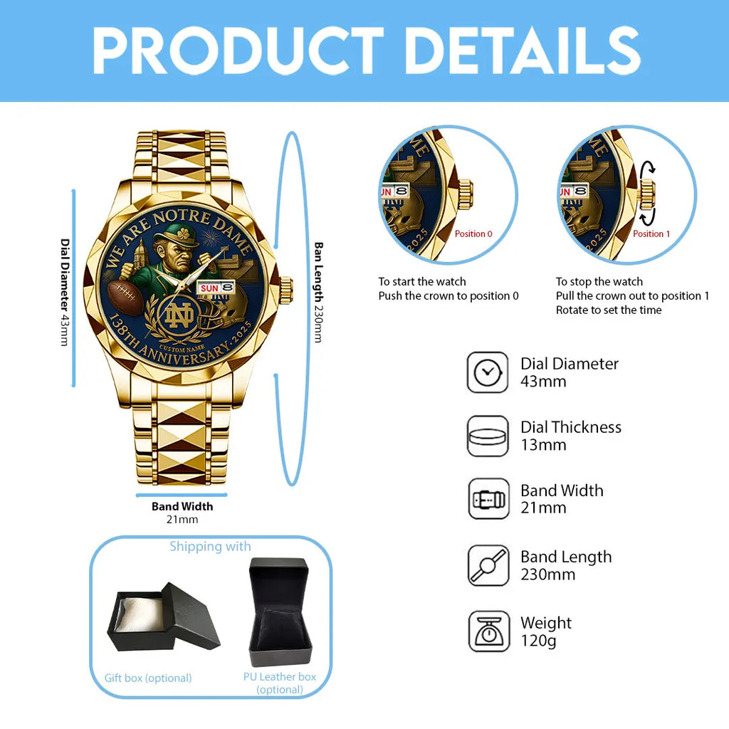 Personalized Notre Dame Fighting Irish Football 138th Anniversary 2025 Alloy Luxury Quartz Watch – TANTN16198