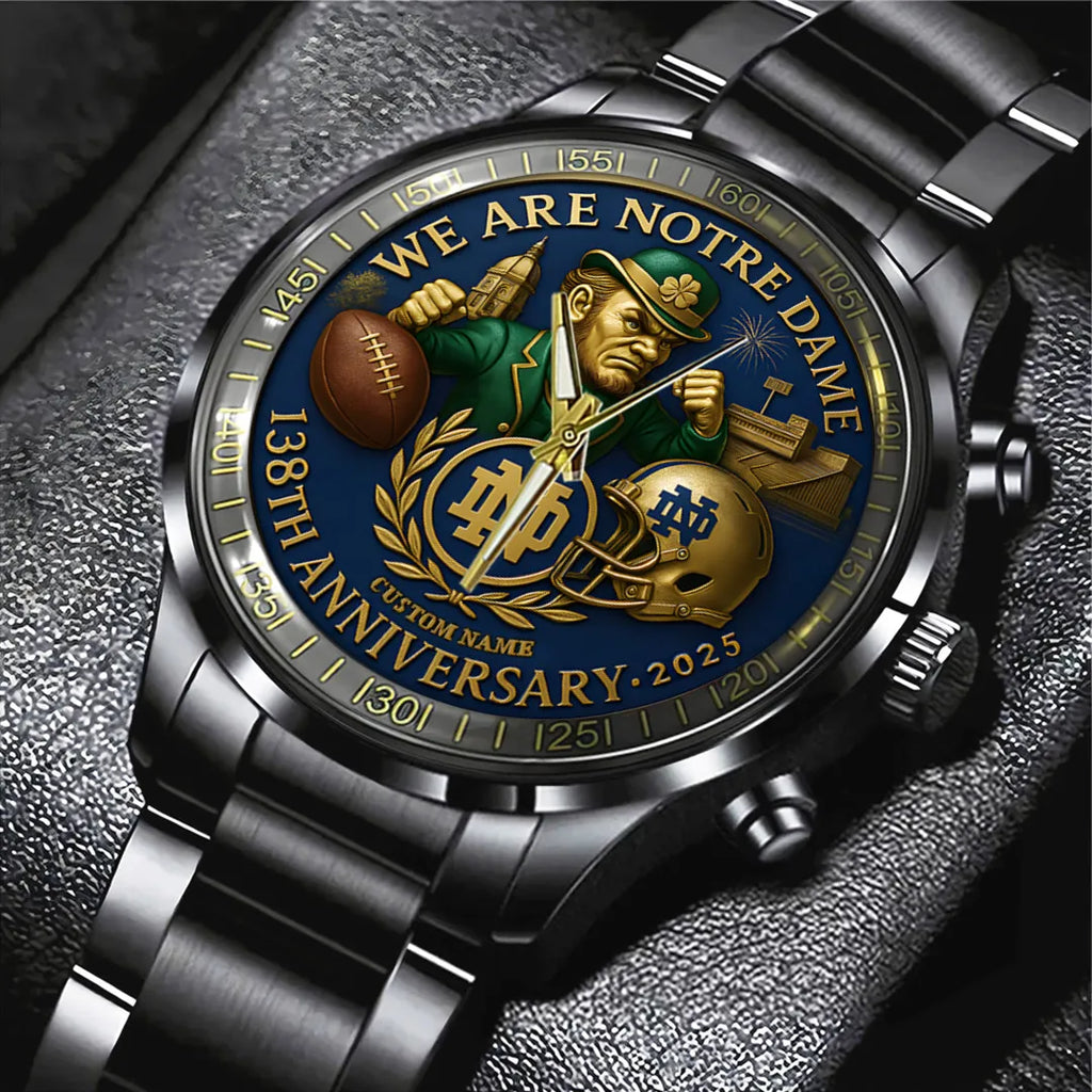 Personalized Notre Dame Fighting Irish Football 138th Anniversary 2025 Black Stainless Steel Watch – TANTN16199