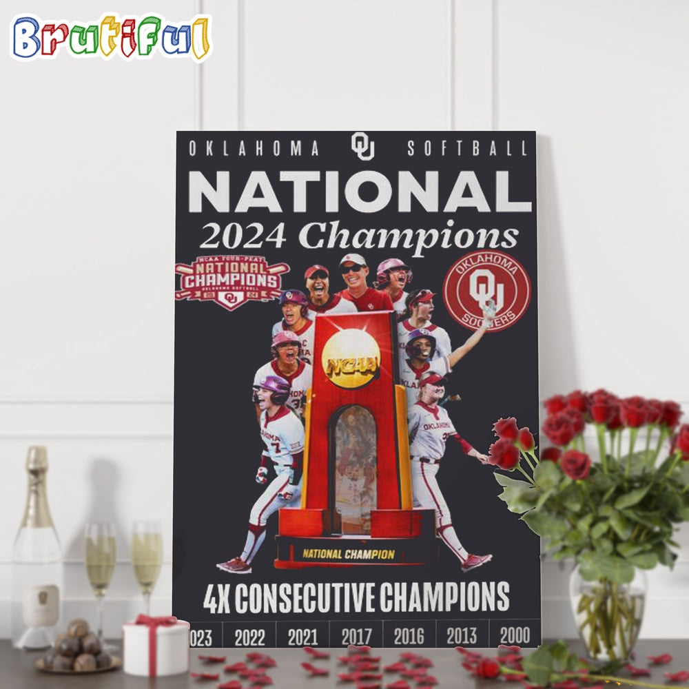 Oklahoma Sooners 2024 NCAA Softball Women’s College World Series 4X Consecutive Champions Poster Canvas