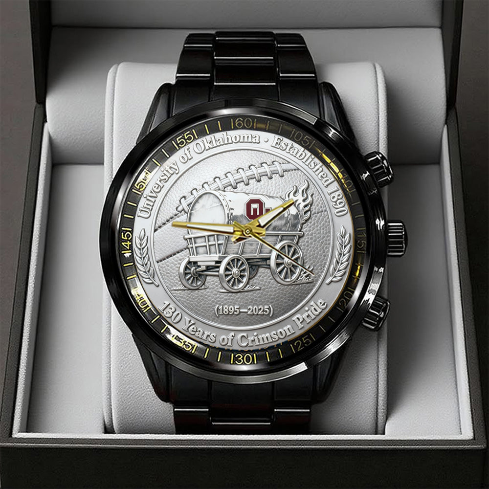 Oklahoma Sooners Football 130th Anniversary 2025 Black Stainless Steel Watch – TANTN17820
