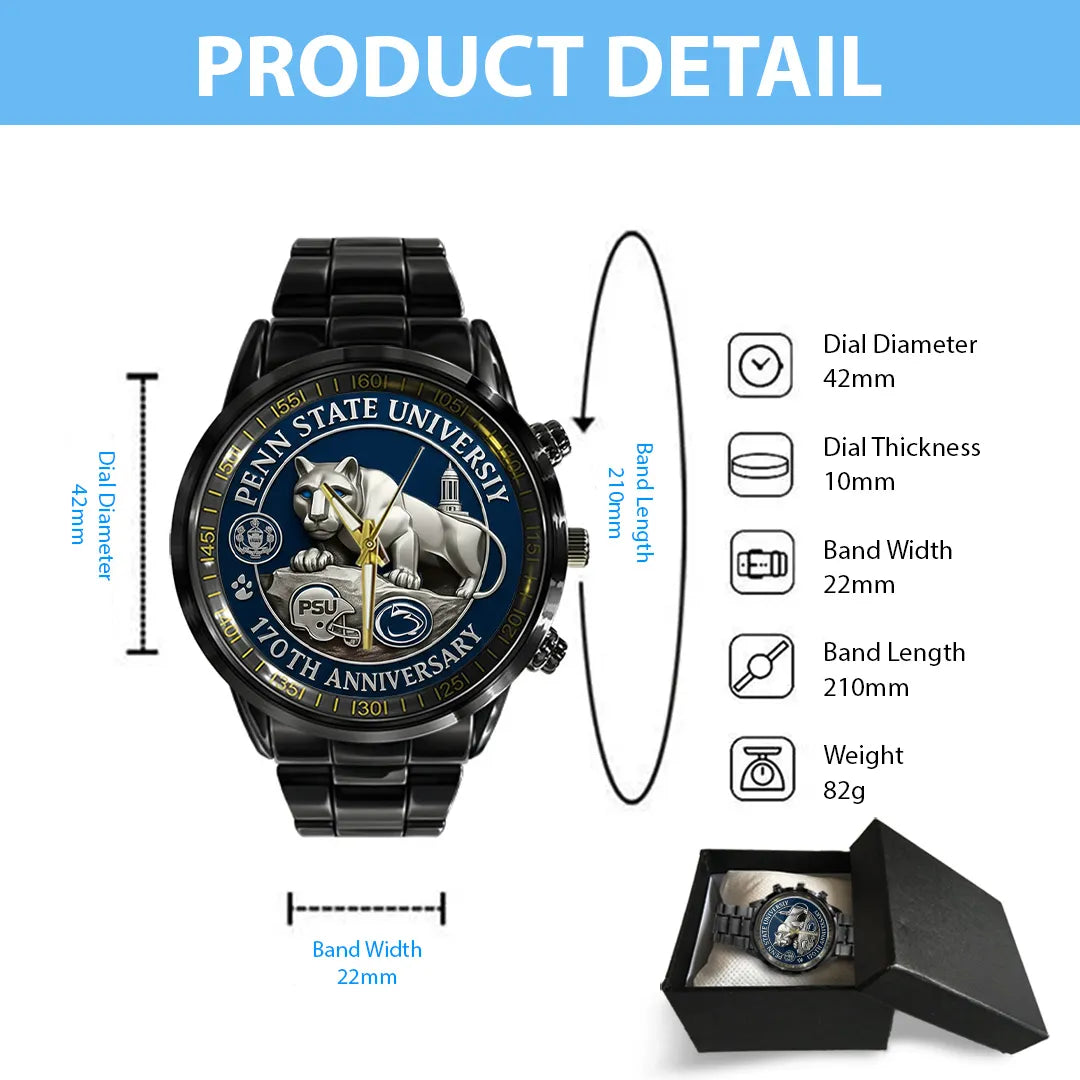 Penn State Nittany Lions Football 170th Anniversary 2025 Black Stainless Steel Watch – TANTN16149