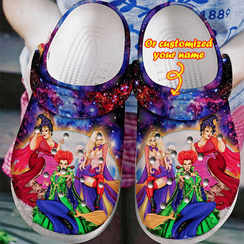 Peronalized Hocus Pocus Moon Galaxy Art Sanderson Sisters Crocs