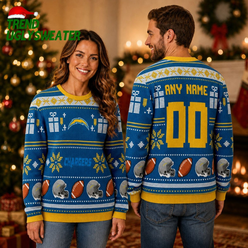 Personalized Los Angeles Chargers Football Helmet Custom Name and Number Ugly Christmas Sweater