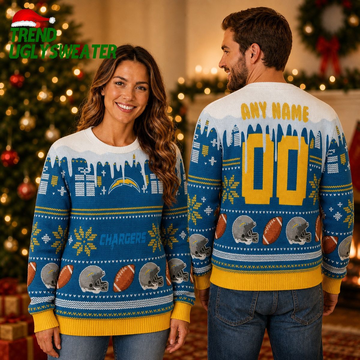 Personalized Los Angeles Chargers Melting Snow Custom Name and Number Ugly Christmas Sweater