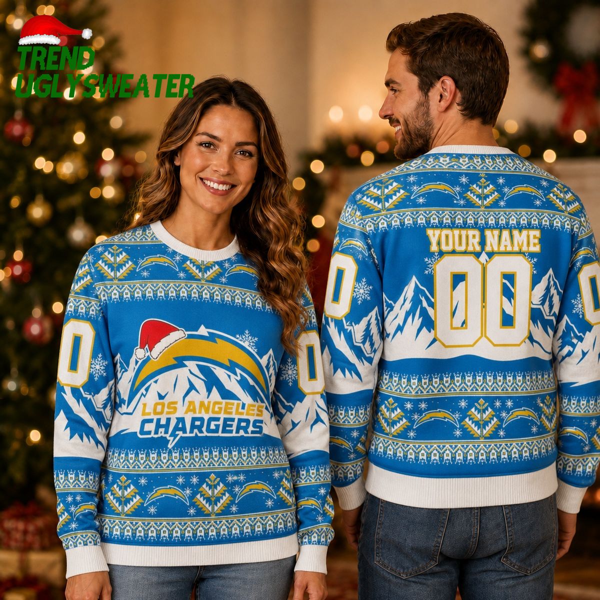 Personalized Los Angeles Chargers Mountain Santa Hat Ugly Christmas Sweater