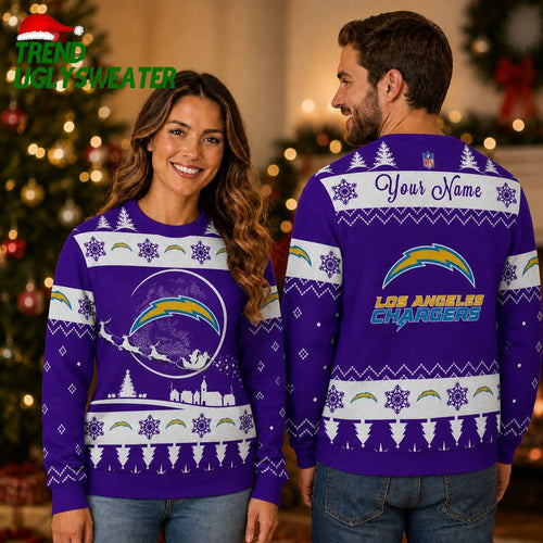 Personalized Los Angeles Chargers Santa Sleigh Purple Ugly Christmas Sweater