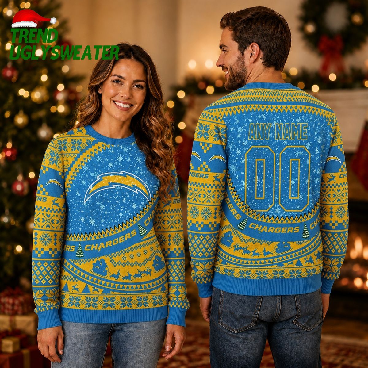 Personalized Los Angeles Chargers Snowstorm Custom Name and Number Ugly Christmas Sweater
