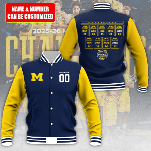 Personalized Michigan Wolverines 2026 NCAA Men's Basketball National Champs Varsity Jacket – TMTHU5024