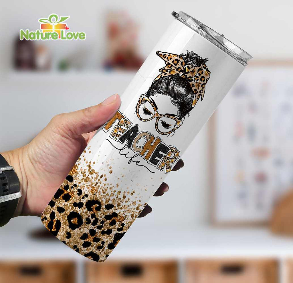 Teacher Life Cheetah Messy Bun Awesome Teacher Nutritional Facts Custom Name 20 oz Skinny Tumbler