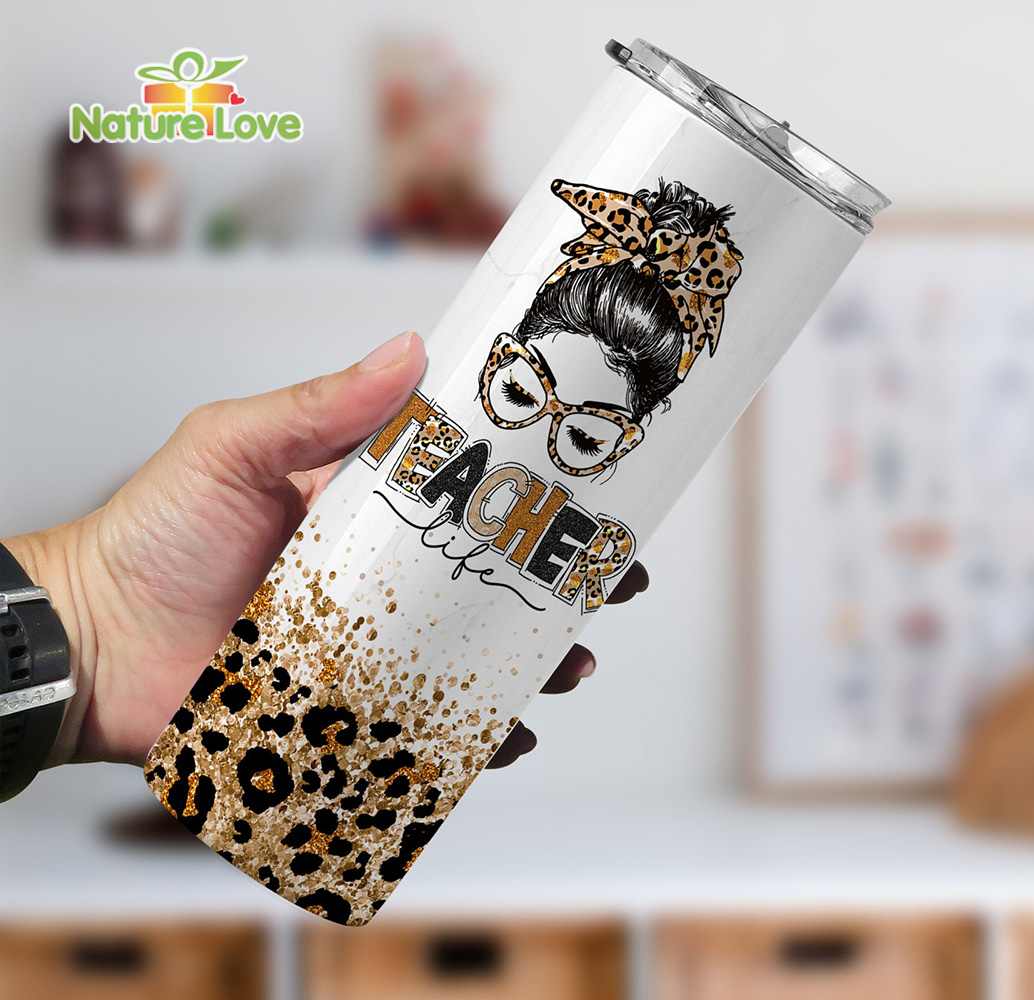 Teacher Life Cheetah Messy Bun Awesome Teacher Nutritional Facts Custom Name 20 oz Skinny Tumbler