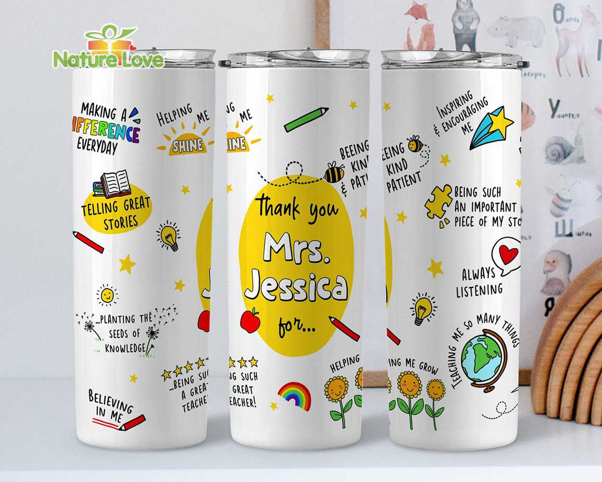 Custom Name Thank You Teacher 20 oz Skinny Tumbler Teacher Appreciation Gift