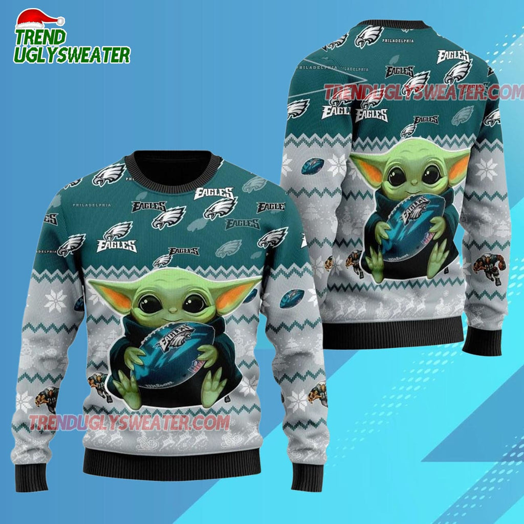 Philadelphia Eagles Baby Yoda Hug The Ball Christmas Ugly Sweater
