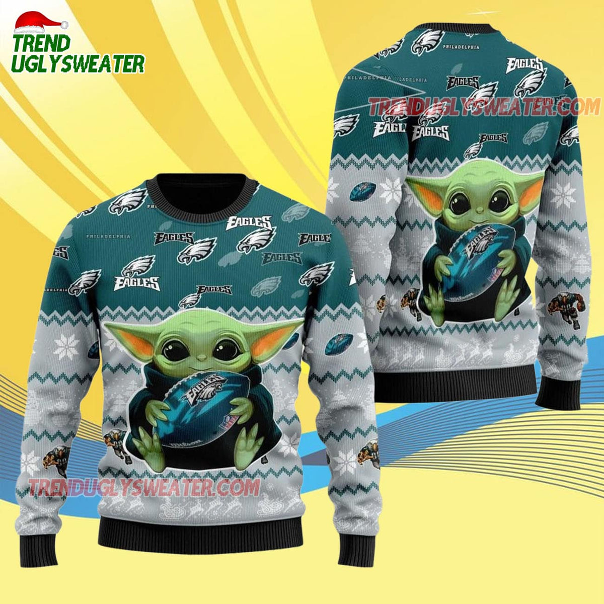 Philadelphia Eagles Baby Yoda Hug The Ball Christmas Ugly Sweater