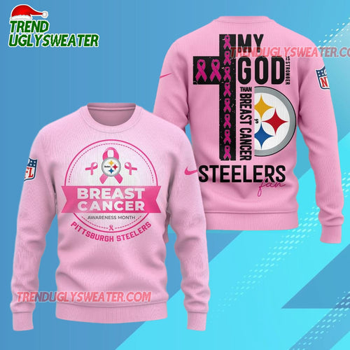 Pittsburgh Steelers 2025 NFL My God Is Stronger Than Breast Cancer Chritmas Sweater