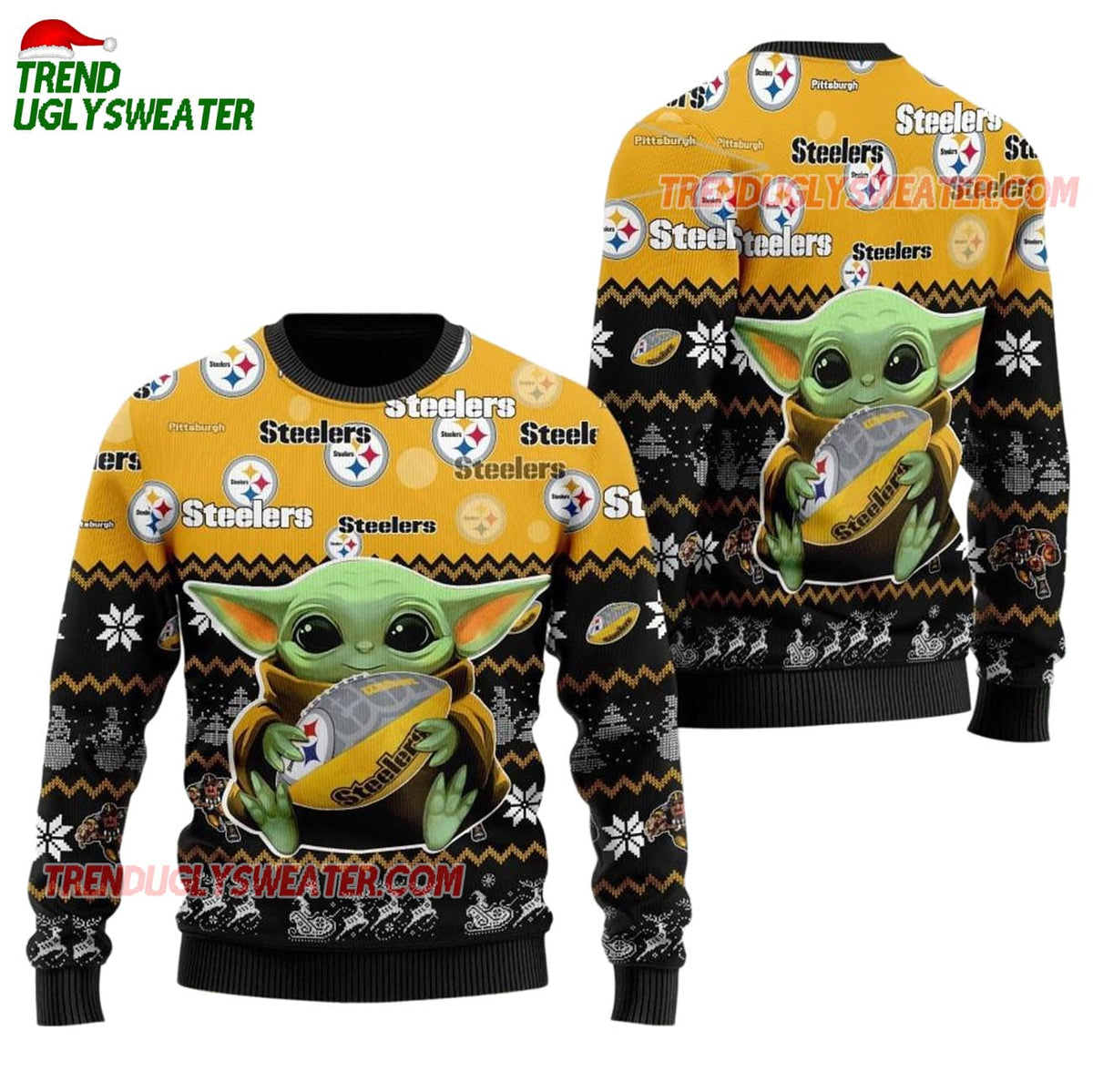 Pittsburgh Steelers Baby Yoda Hug The Ball Christmas Ugly Sweater