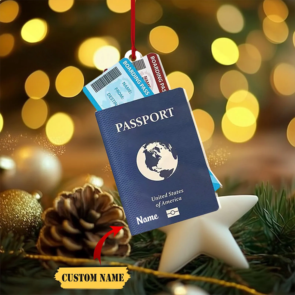 Custom Name Passport Christmas Ornament - Personalized Custom Shaped Acrylic Ornament - Travel Adventure Gift