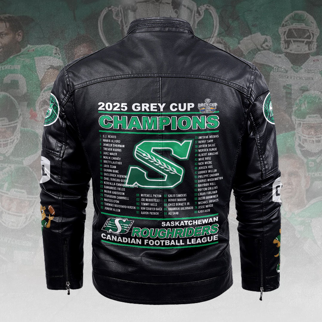Saskatchewan Roughriders 2025 Grey Cup Champions 2D Leather Yellow Fleece Jacket – HOATT14722
