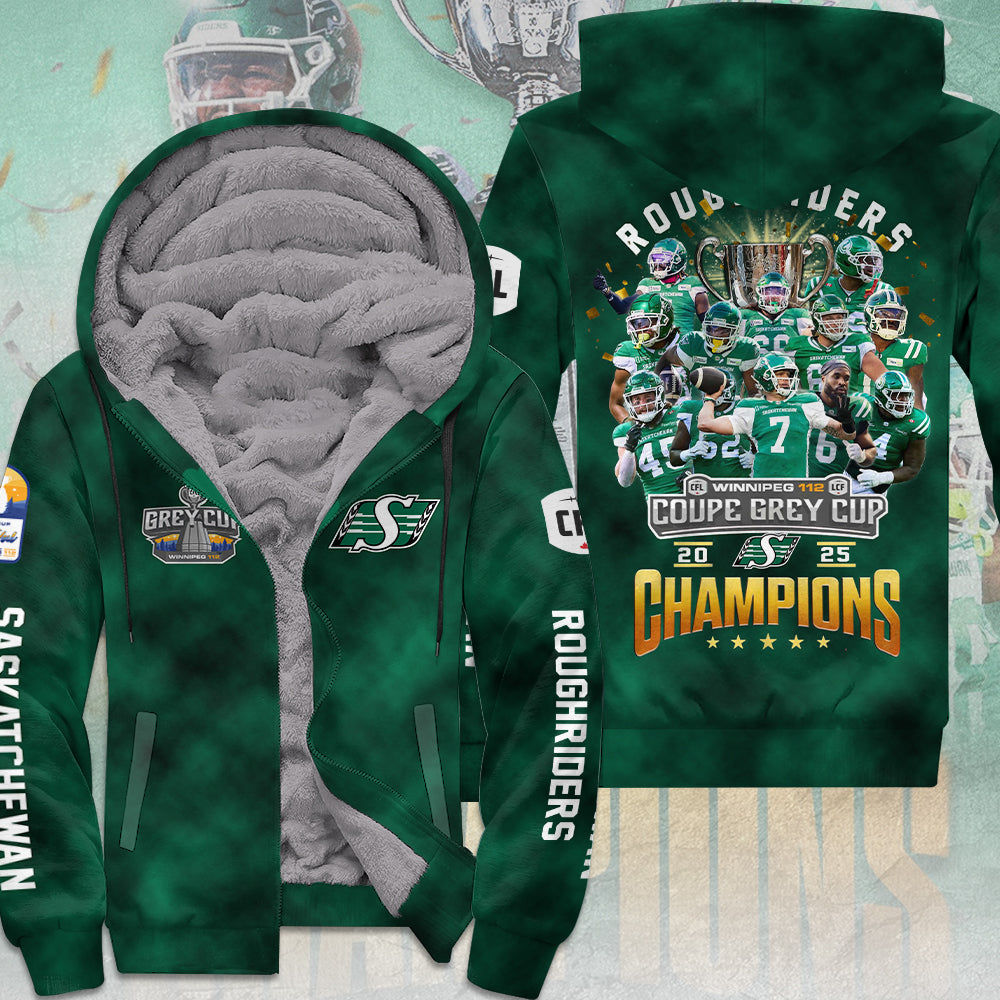 Saskatchewan Roughriders 2025 Grey Cup Champions 3D Fleece Zip Hoodie – MAITM13921