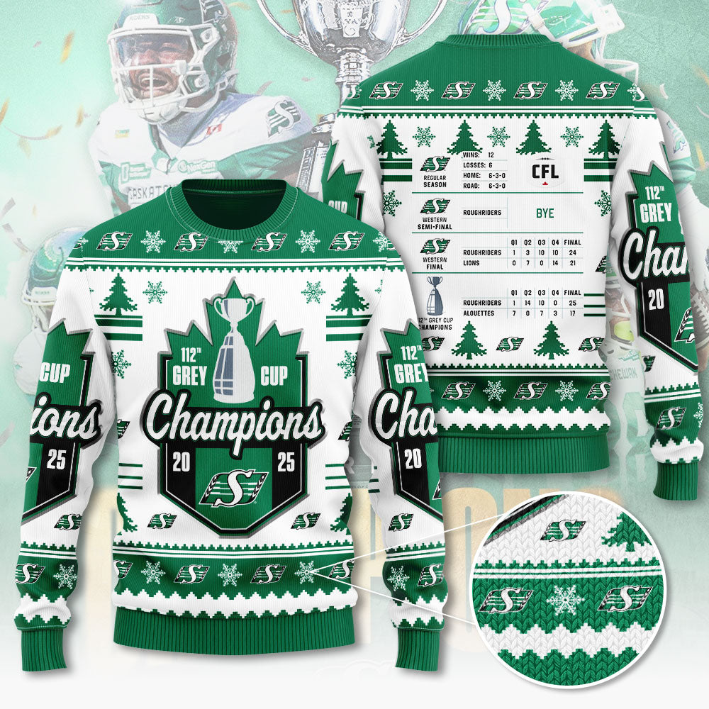 Saskatchewan Roughriders 2025 Grey Cup Champions Ugly Sweater – MAITM13905