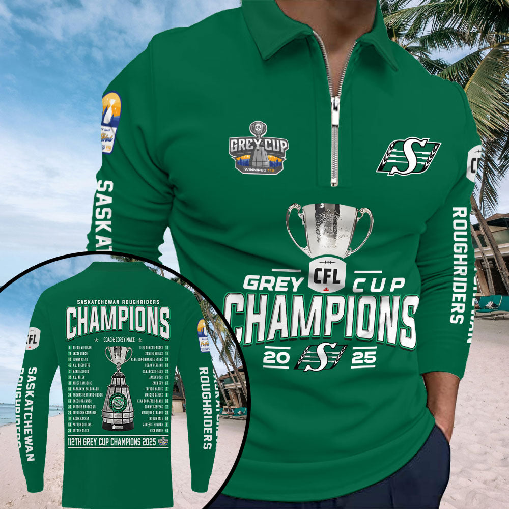 Saskatchewan Roughriders 2025 Grey Cup Champions Zip Polo Shirt – GNENEW762