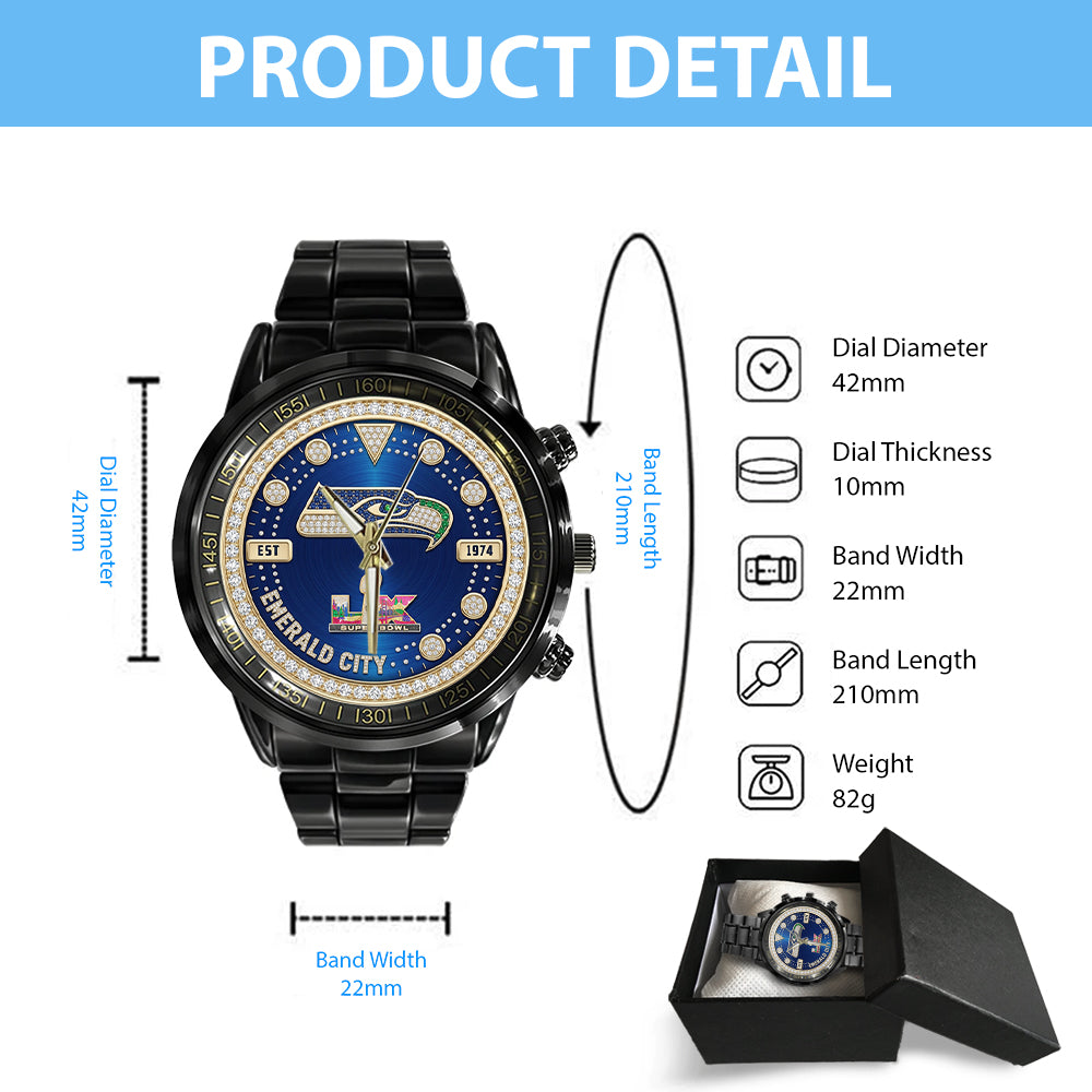 Seattle Seahawks 2025 Super Bowl LX Champions Black Stainless Steel Watch – GNE5945
