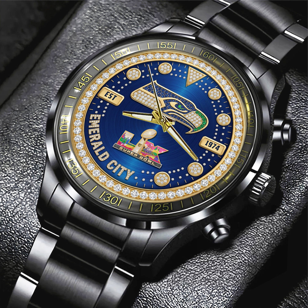 Seattle Seahawks 2025 Super Bowl LX Champions Black Stainless Steel Watch – GNE5945