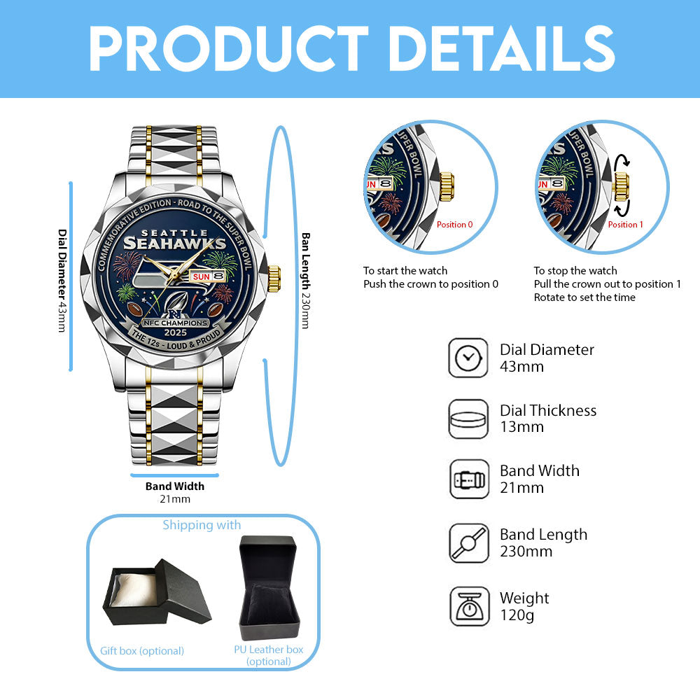 Seattle Seahawks 2025 NFC Champions Alloy Luxury Quartz Watch – TANTN20676