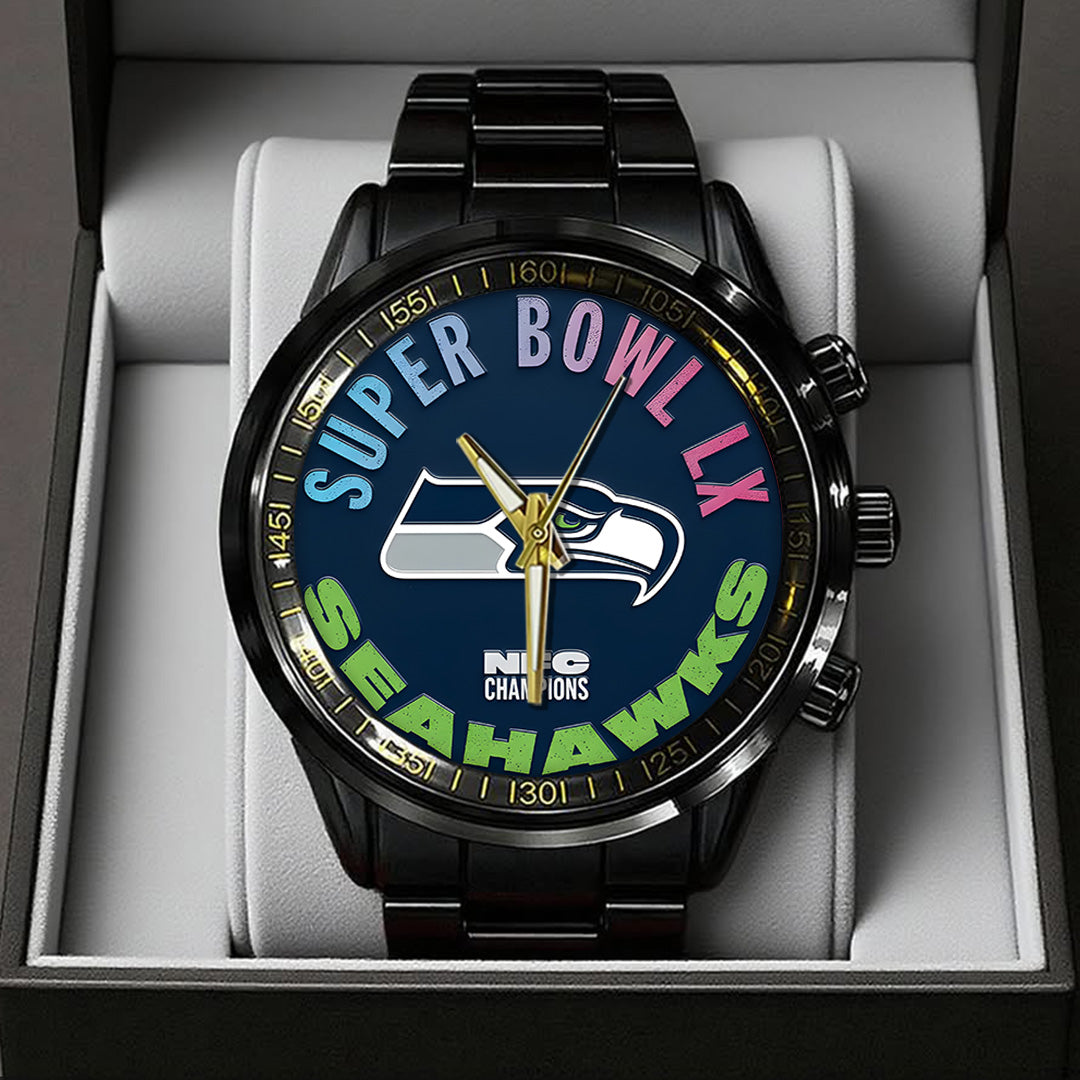 Seattle Seahawks 2025 NFC Champions Black Stainless Steel Watch – TANTN20639