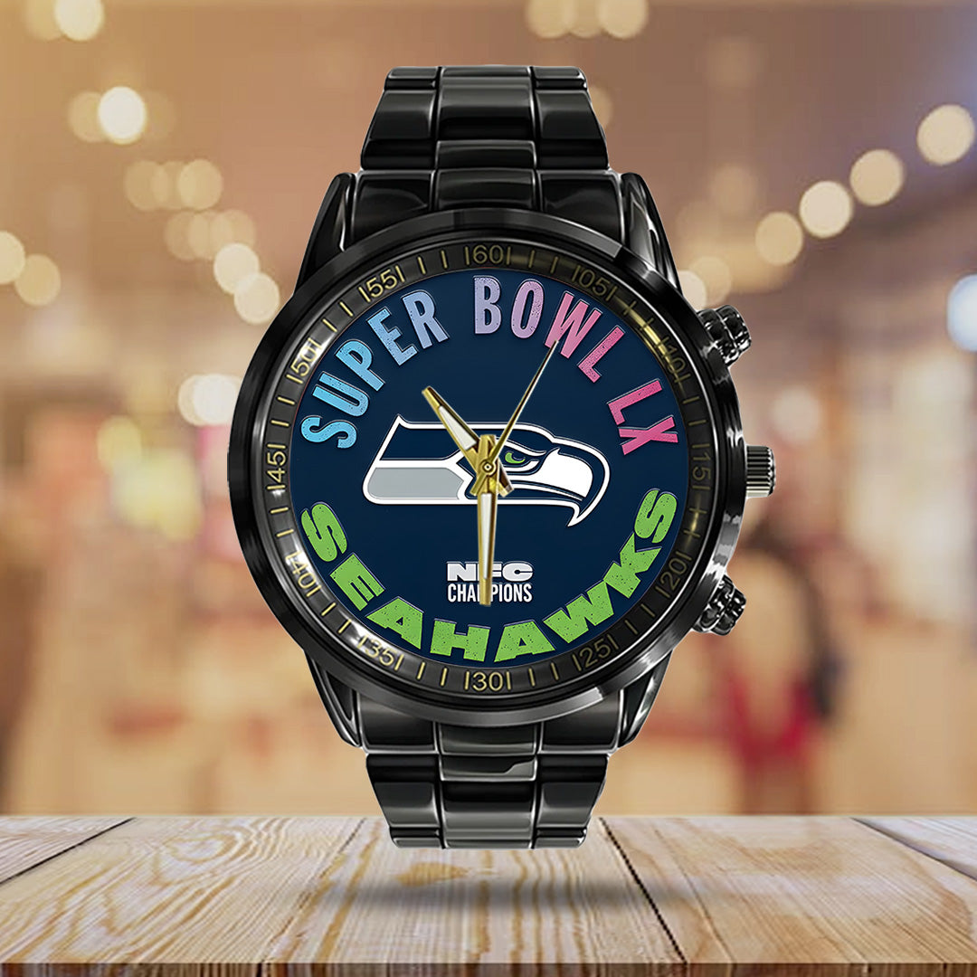 Seattle Seahawks 2025 NFC Champions Black Stainless Steel Watch – TANTN20639