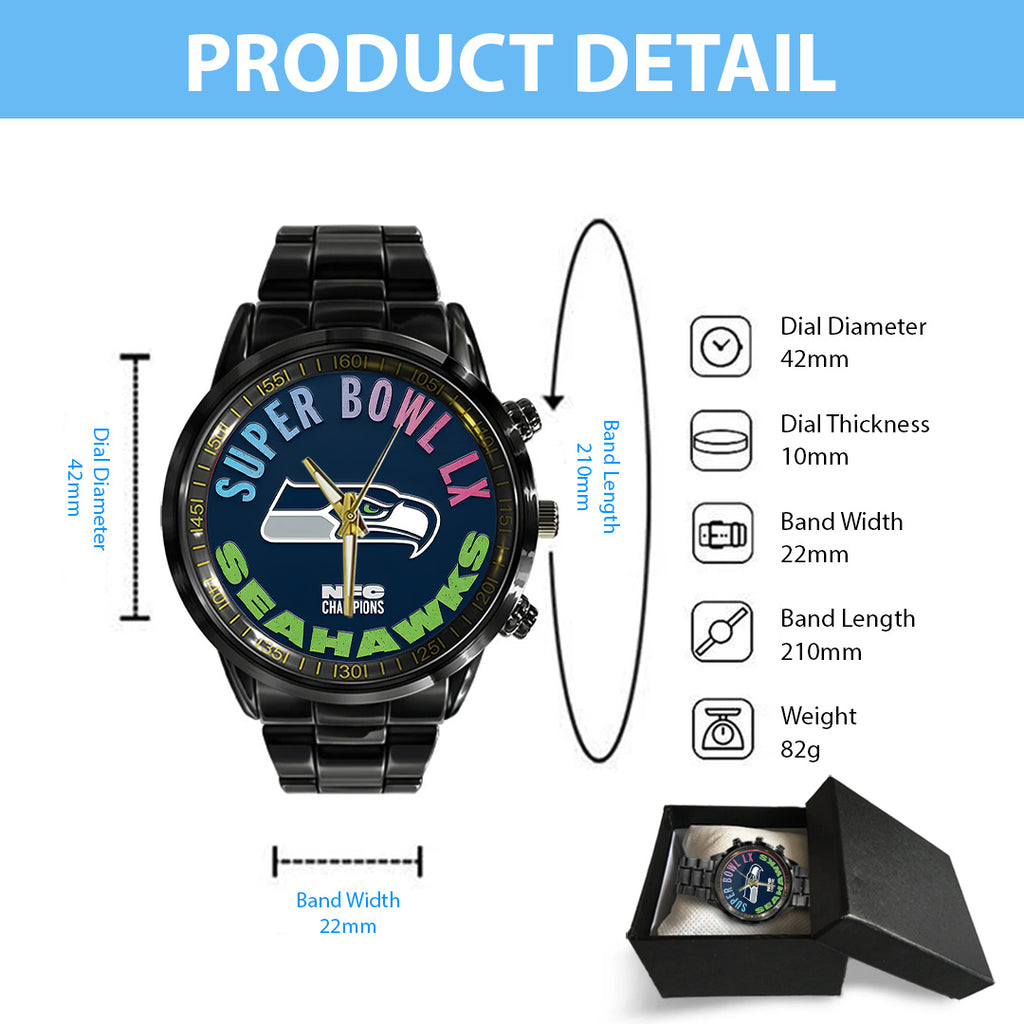 Seattle Seahawks 2025 NFC Champions Black Stainless Steel Watch – TANTN20639