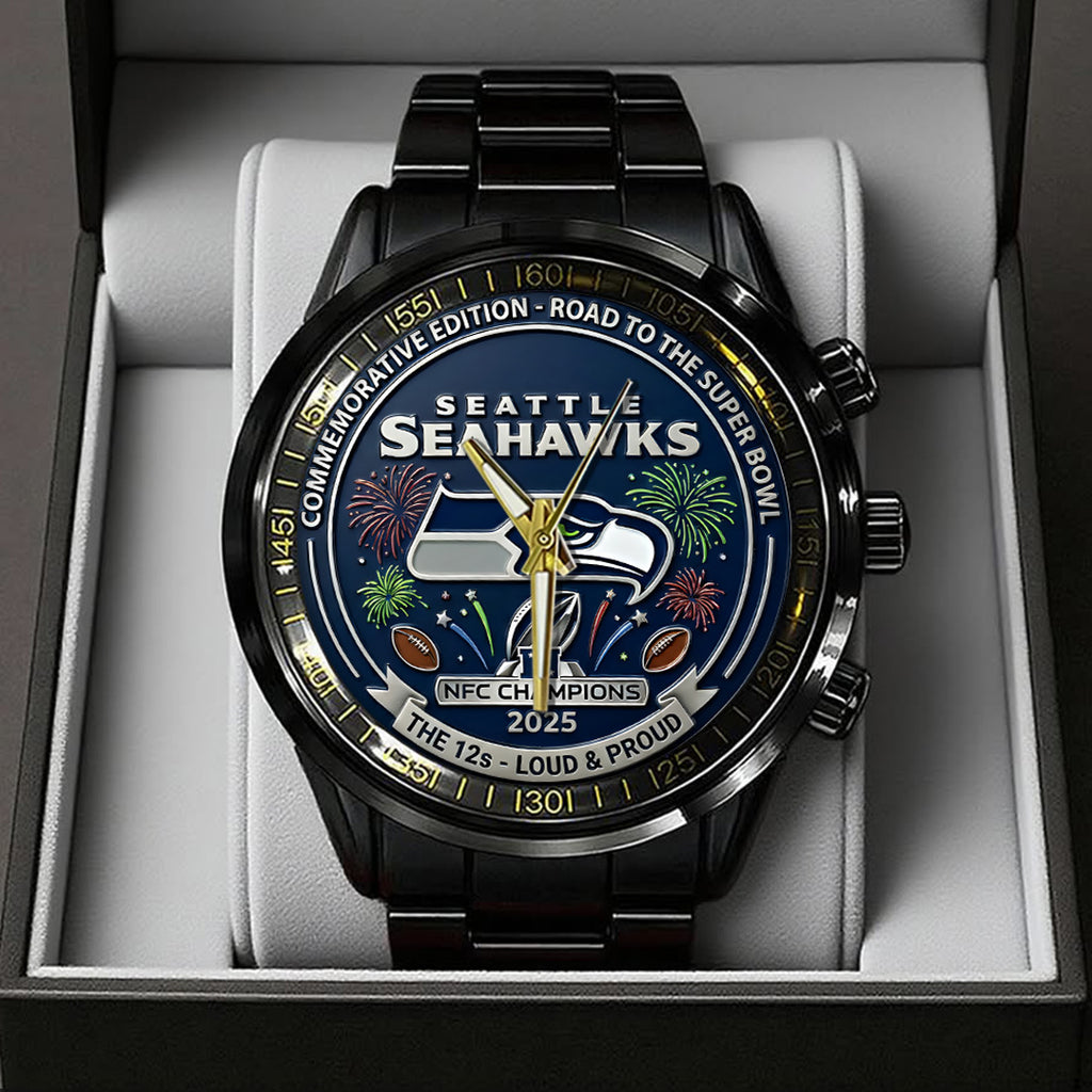 Seattle Seahawks 2025 NFC Champions Black Stainless Steel Watch – TANTN20677
