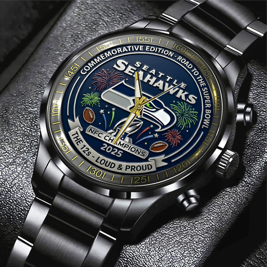 Seattle Seahawks 2025 NFC Champions Black Stainless Steel Watch – TANTN20677
