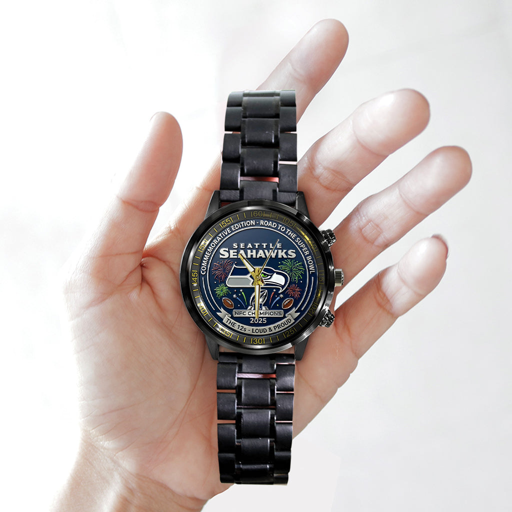 Seattle Seahawks 2025 NFC Champions Black Stainless Steel Watch – TANTN20677