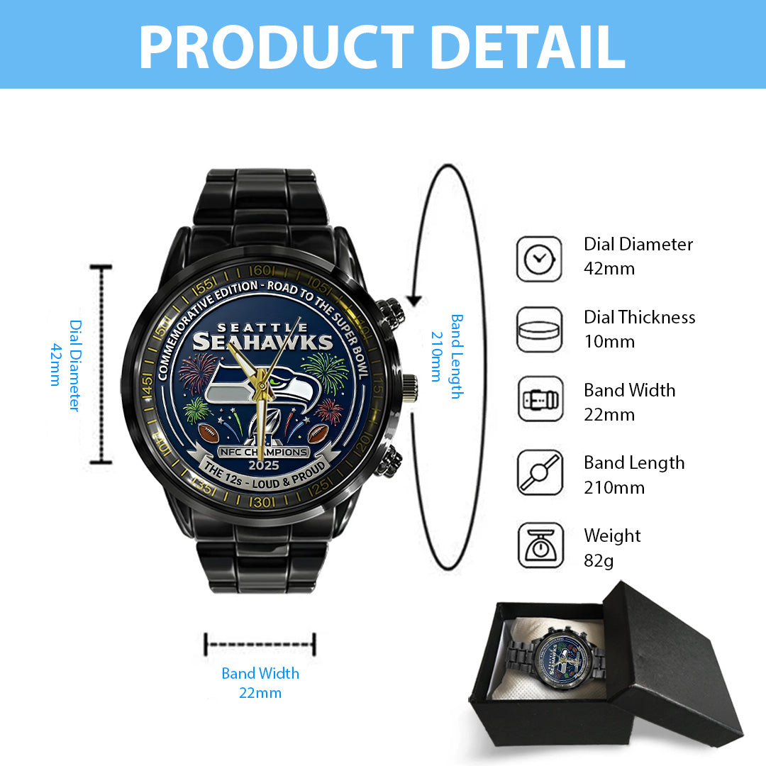 Seattle Seahawks 2025 NFC Champions Black Stainless Steel Watch – TANTN20677
