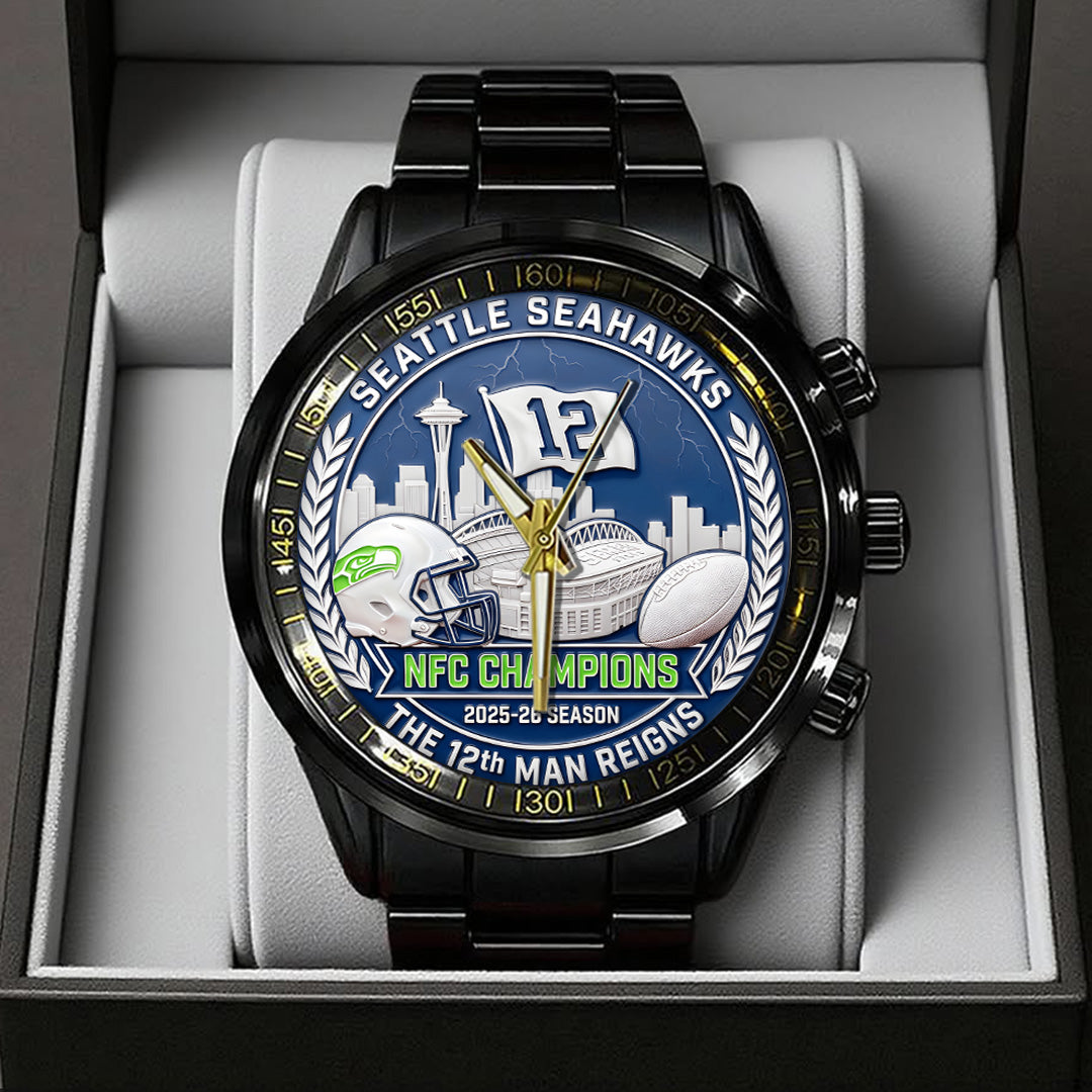 Seattle Seahawks 2025 NFC Champions Black Stainless Steel Watch – TANTN20681