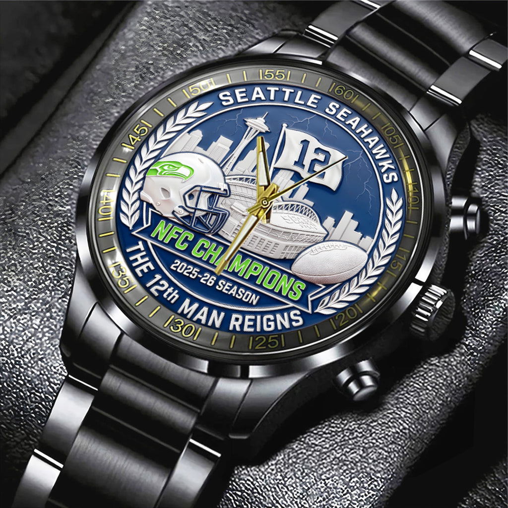 Seattle Seahawks 2025 NFC Champions Black Stainless Steel Watch – TANTN20681