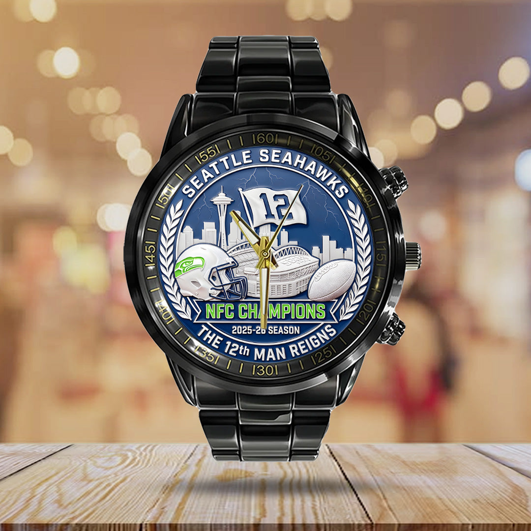 Seattle Seahawks 2025 NFC Champions Black Stainless Steel Watch – TANTN20681