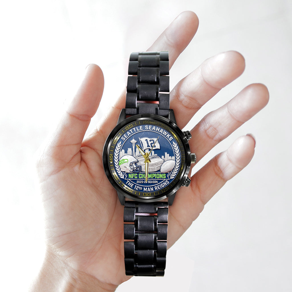 Seattle Seahawks 2025 NFC Champions Black Stainless Steel Watch – TANTN20681
