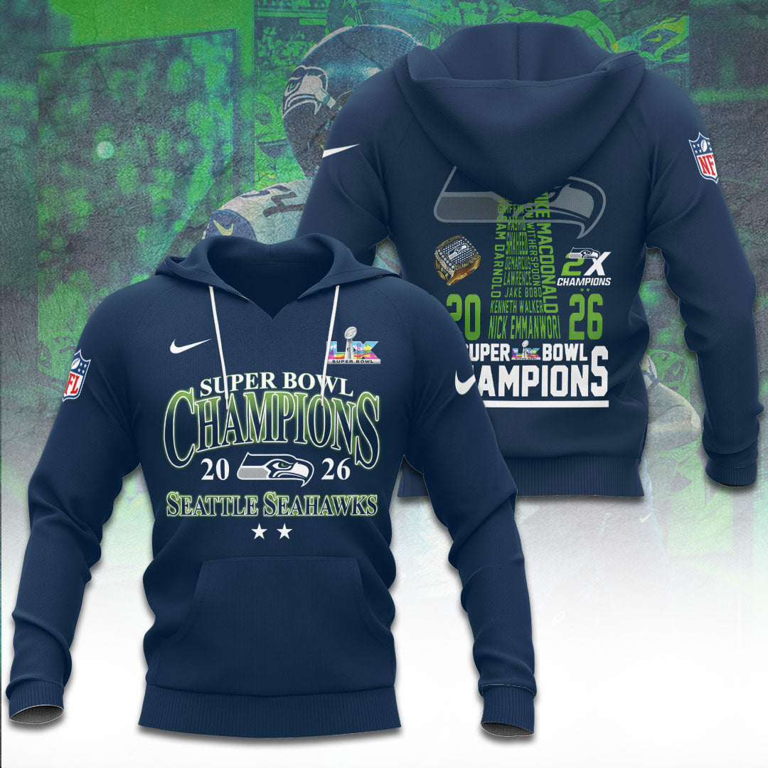 Seattle Seahawks 2025 Super Bowl LX Champions 3D Apparel – TANTN20975