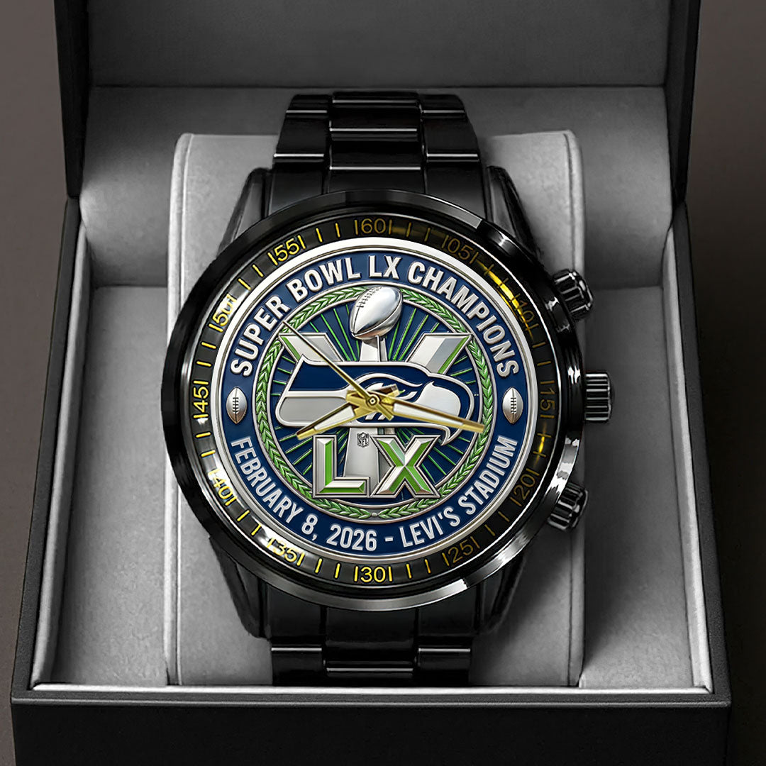 Seattle Seahawks 2025 Super Bowl LX Champions Black Stainless Steel Watch – HOATT16156