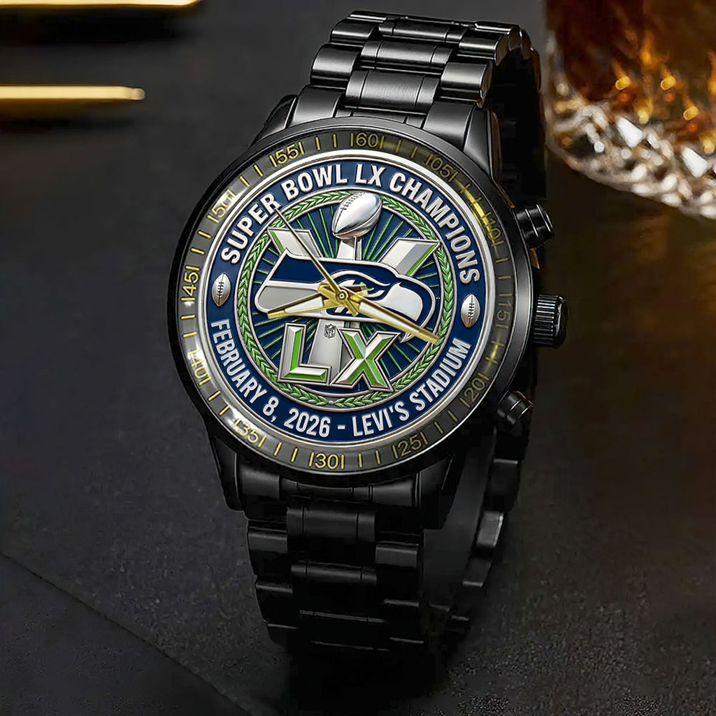 Seattle Seahawks 2025 Super Bowl LX Champions Black Stainless Steel Watch – HOATT16156