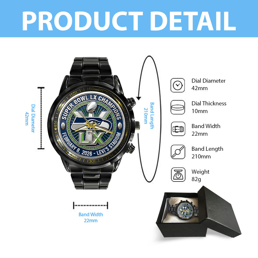 Seattle Seahawks 2025 Super Bowl LX Champions Black Stainless Steel Watch – HOATT16156