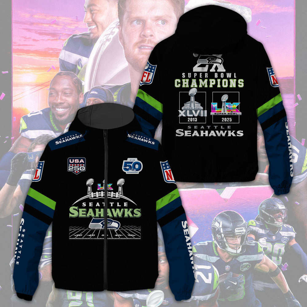 Seattle Seahawks 2025 Super Bowl LX Champions 3D Windbreaker Jacket – TMTHU3992