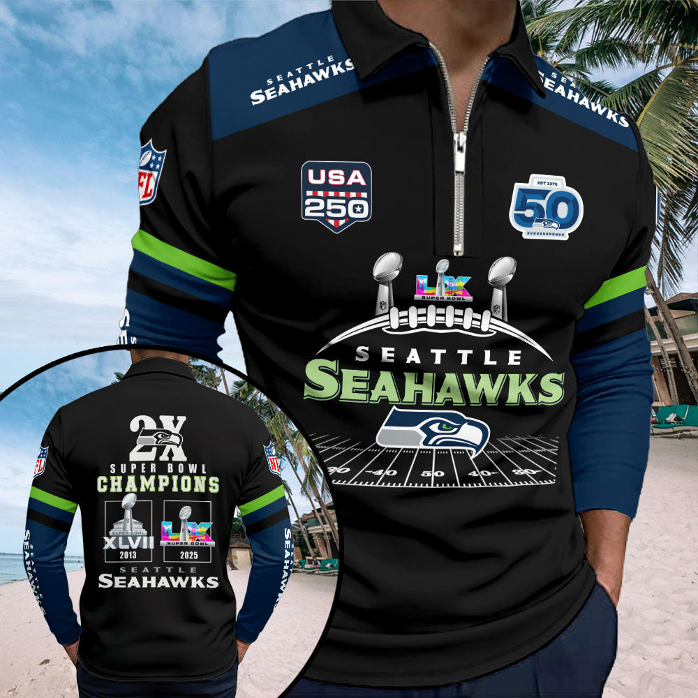Seattle Seahawks 2025 Super Bowl LX Champions Zip Polo Shirt – TMTHU3993