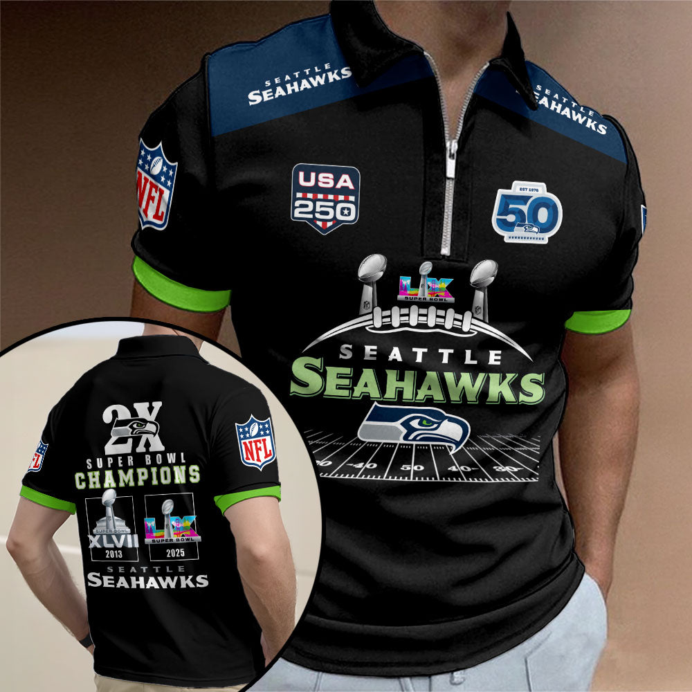 Seattle Seahawks 2025 Super Bowl LX Champions Zip Polo Shirt – TMTHU3993